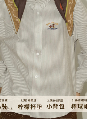 好朋友复古商店·美式复古木马刺绣宽松条纹牛津条纹衬衫男女同款