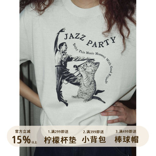 好朋友复古商店美式复古“爵士好猫”俱乐部宽松针织短袖男女同款