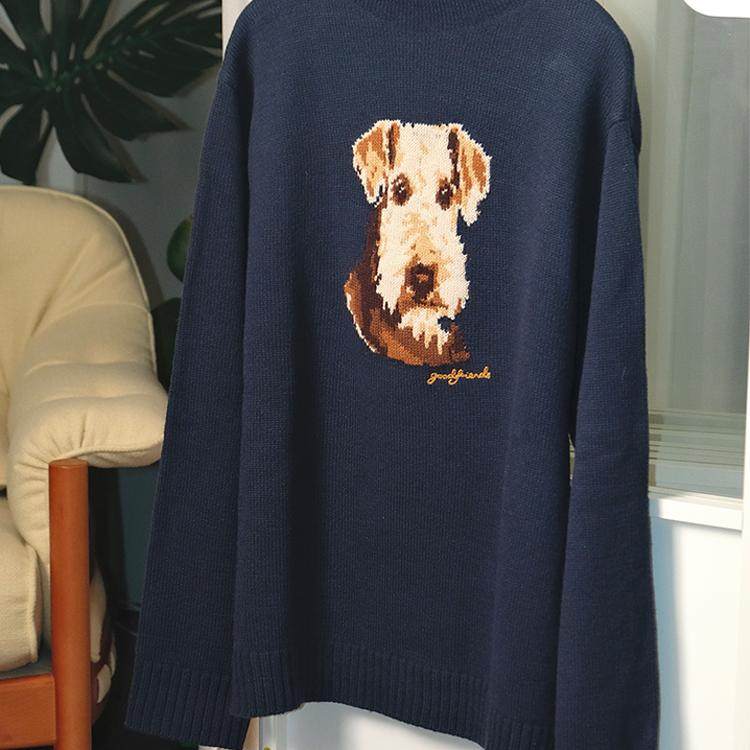 777男女同款复古卷边高领手工嵌花工艺美式复古猎狐梗犬毛衣羊毛