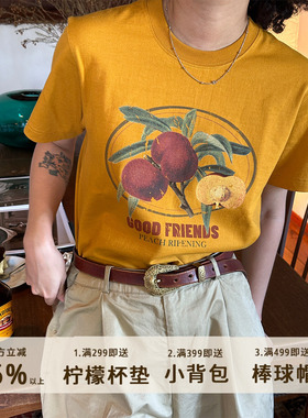 777TRIPLESEVEN美式复古落日黄圆筒无缝260g油桃纯棉短袖T恤情侣