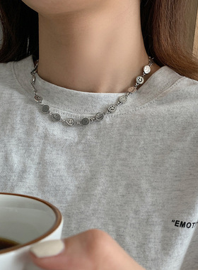 东大门韩国复古泰银小众笑脸项链