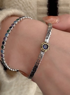 925纯银泰银复古蓝色锆石撞色涂鸦手镯女开口手环ins小众轻奢百搭