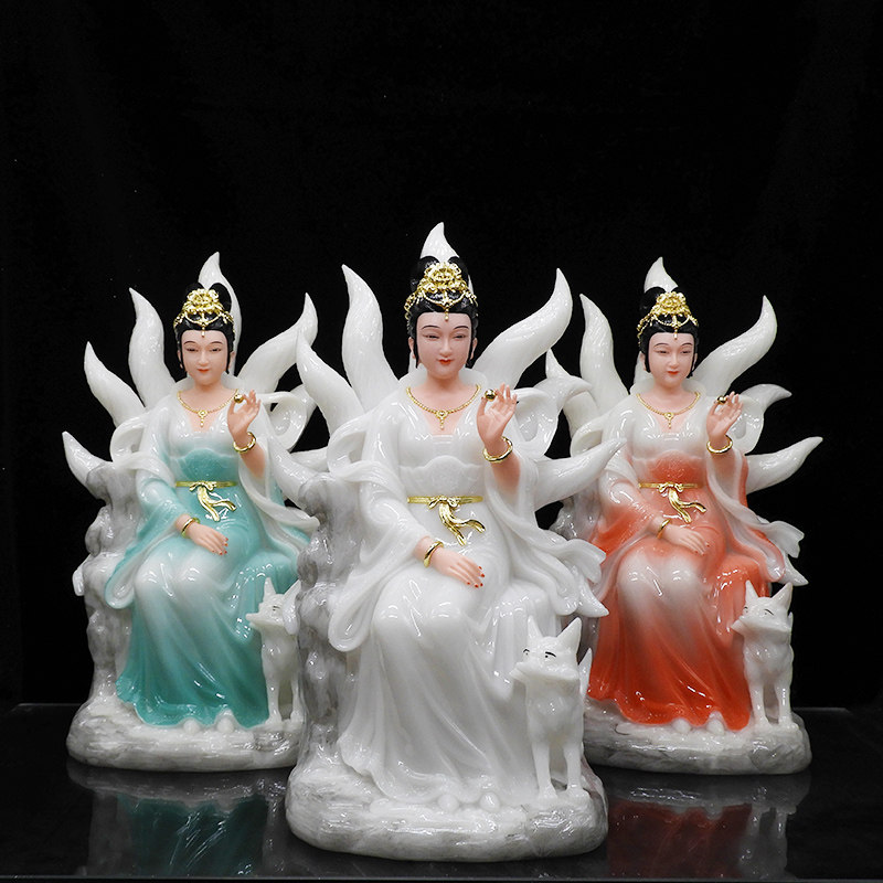 汉白玉九尾狐像合成汉白玉空心红衣白玉19寸16寸12寸实心