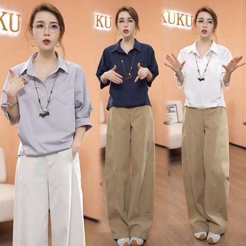 洋气宽松中袖休闲翻领衬衣女