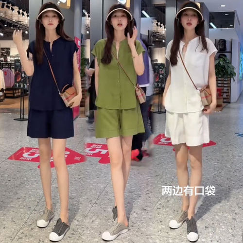 时尚亚麻天丝套装女减龄夏季新款洋气显瘦宽松短袖短裤休闲两件套