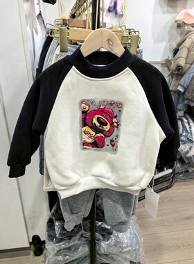 洋气拼色袖男女童加绒卫衣2025冬季新款小童可爱卡通一体绒上衣