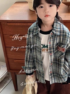儿童长袖衬衣男童格子衬衫春秋款2025新款小男孩春装痞帅薄款外套