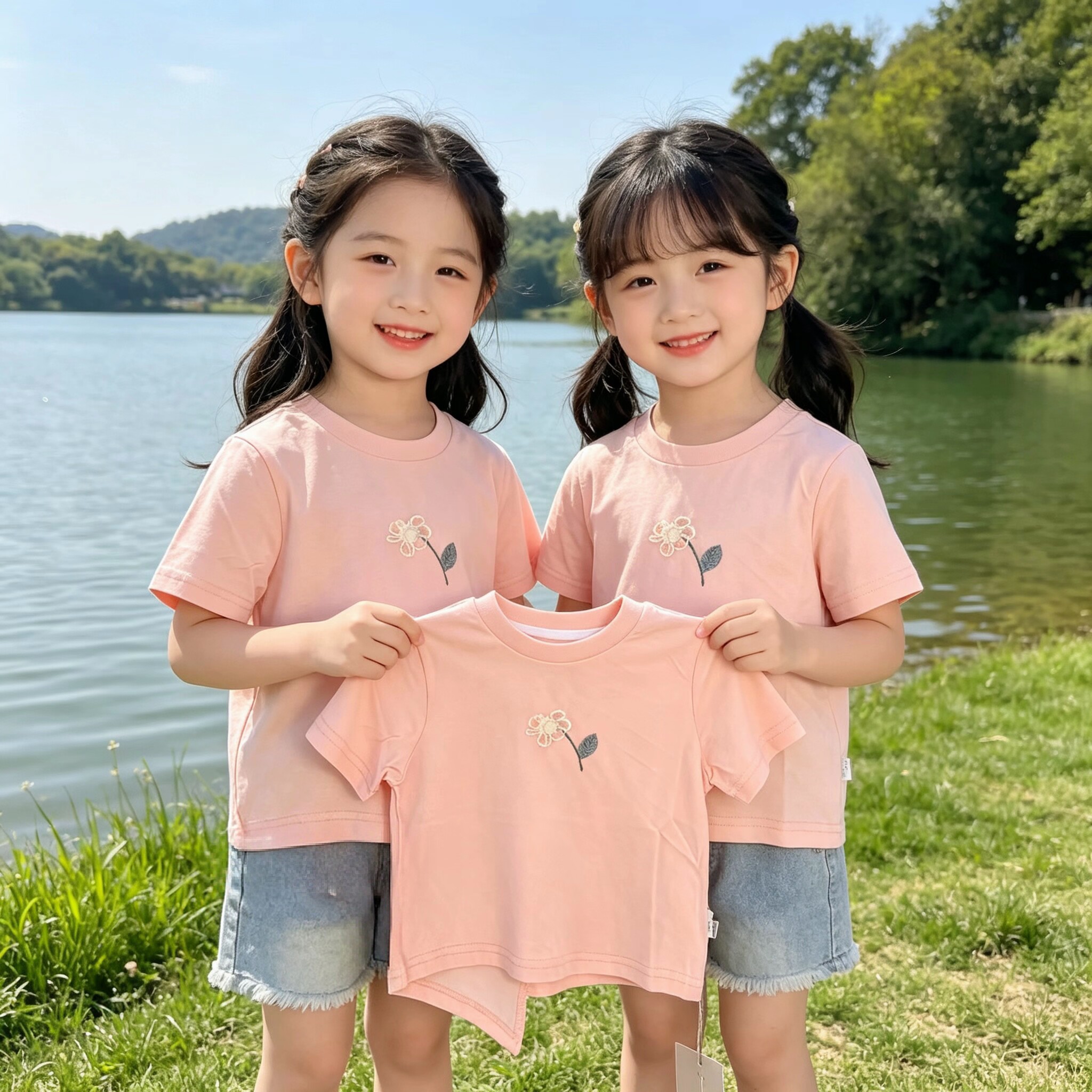 正品琦瑞德泽童装女小童休闲t恤夏新款珍珠花朵刺绣甜美可爱儿童