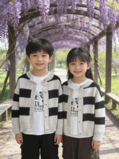儿童针织衫上衣2026春秋新款男女小童装撞色条纹毛衣开衫外套潮
