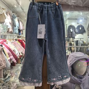女童裤子2025新款儿童加绒牛仔裤中小童冬季长裤女宝宝冬装喇叭裤