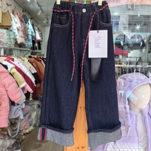 实体同步童装25冬新款女童韩版加厚一体绒牛仔裤卷边中大童直筒裤