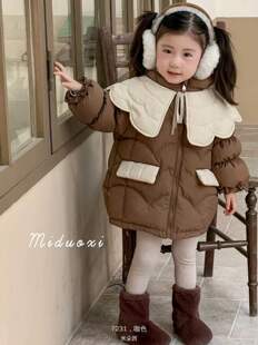 女童冬季咖色羽绒服儿童网红中长款白鸭绒新款冬装女宝宝外套