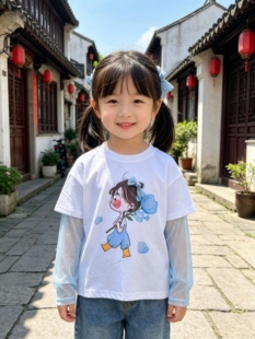 女童白色短袖T恤2026夏季新款儿童夏装女大童洋气印花防晒袖上衣