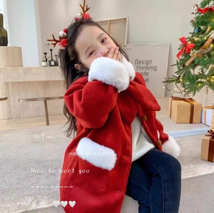 女童冬装外套2025新款儿童中长款新年妮子大衣女孩红色加绒拜年服