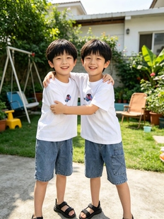 中大童短袖T恤牛仔裤套装2026夏季新款儿童夏装男宝宝洋气二件套