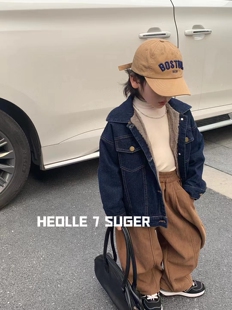 实体同步男童洋气冬季新款加兔毛冬装2025潮中童装加厚牛仔外套