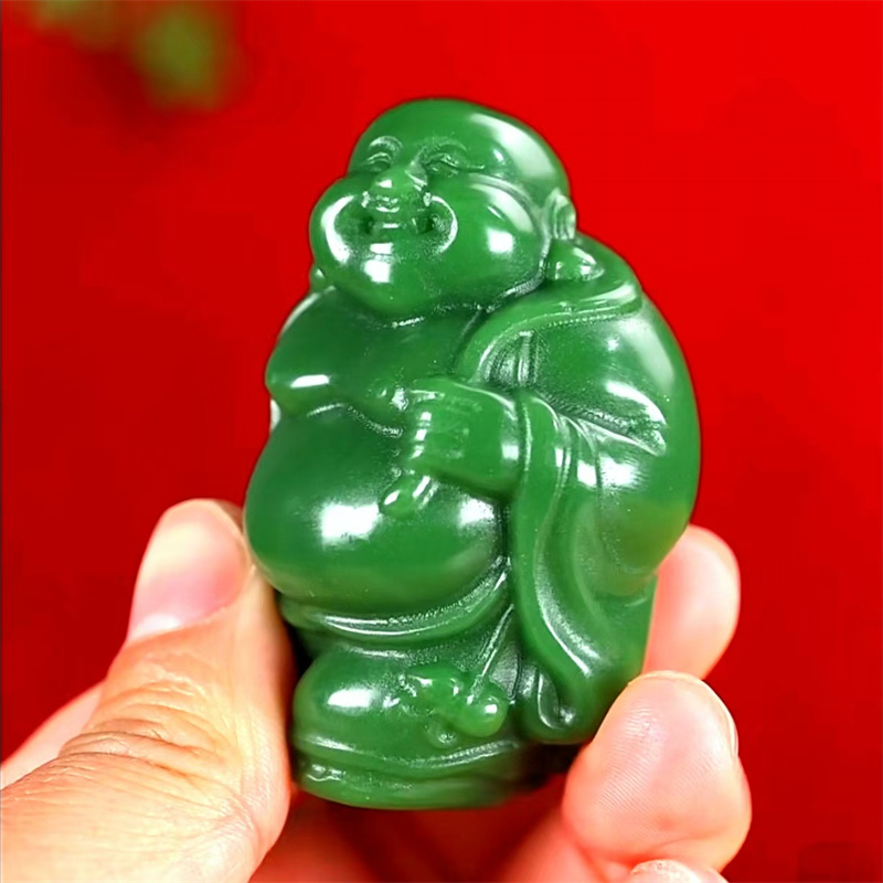 天然和田玉碧玉弥勒佛挂件菠菜绿佛公笑佛手把件精雕玉佛摆件玉坠