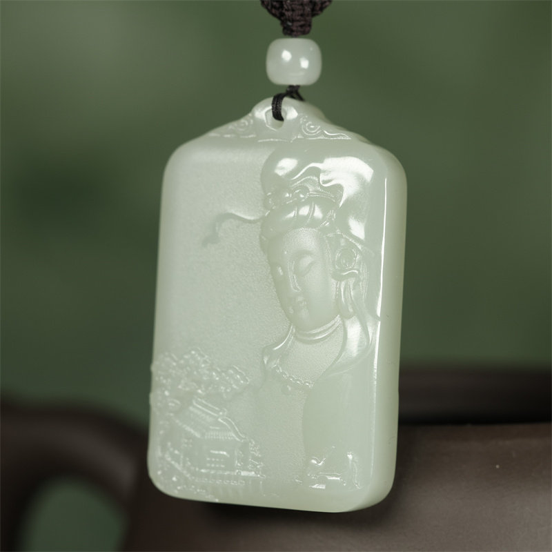 天然和田玉青白玉山水观音吊坠玉佩双面雕刻青海料玉石毛衣链项链