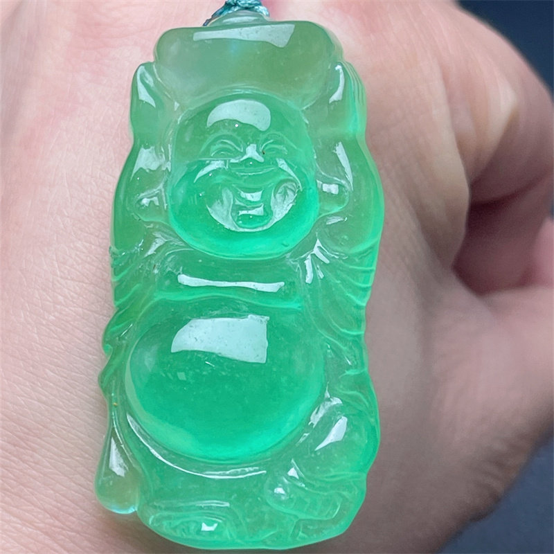 天然翡翠冰糯种晴底浅绿色元宝佛吊坠锁骨链精工雕刻弥勒佛毛衣链