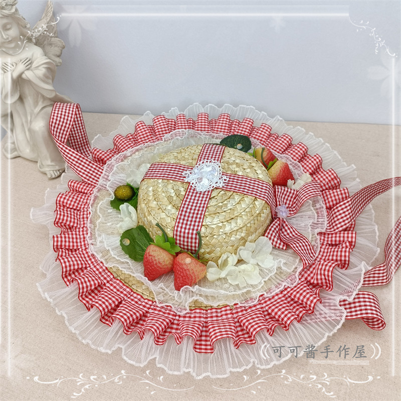 原创手工遮阳草帽 红格子草莓草编帽子lolita华丽蕾丝bnt扁帽出游