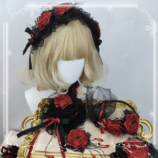 原创手作暗黑哥特风酒红色玫瑰花发夹洛丽塔边夹蕾丝网纱头饰硬妹
