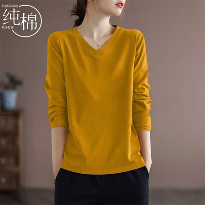 春秋新款V领纯棉长袖t恤女士宽松百搭洋气减龄藏肉上衣内搭打底衫
