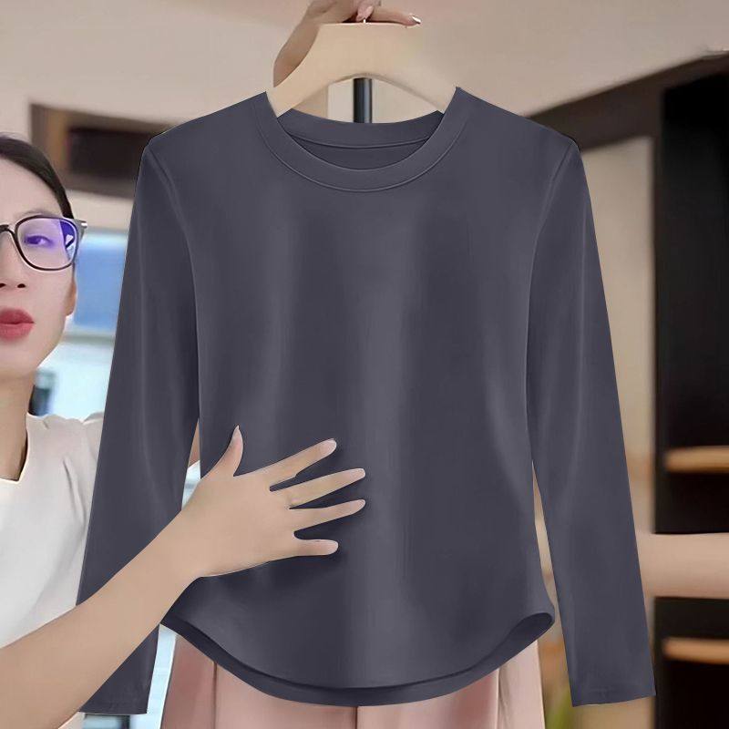 纯棉长袖T恤女士春秋新款弧形下摆上衣洋气时尚小个子内搭打底衫