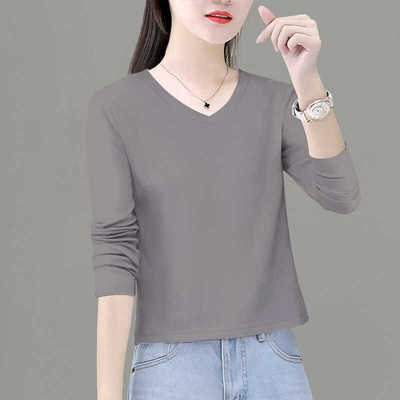 纯棉V领长袖t恤女春秋2025新款百搭显瘦内搭打底衫时尚洋气上衣服