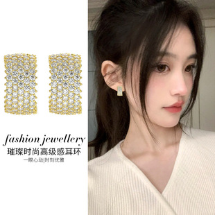 韩版气质简约圆耳钉女S925纯银针微镶满钻耳环时尚大牌耳饰冷淡风