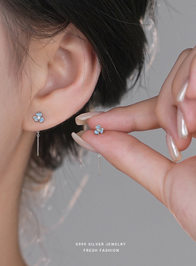 S999足银蓝色花朵螺丝耳钉女新款时尚精致小众设计纯银养耳洞耳饰