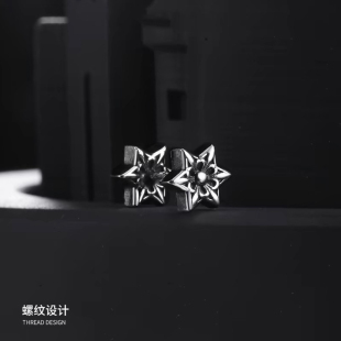 S999纯银耳钉男高级感双头螺丝银耳钉复古简约六角星免摘男款耳饰
