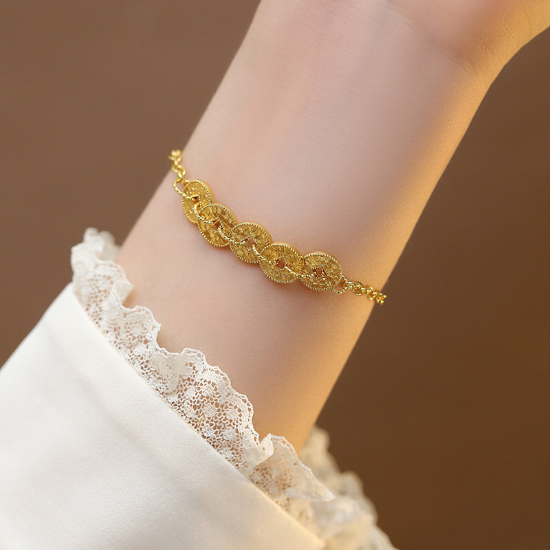 五帝钱手链女款越南沙金钱多多黄金色爆闪碎冰冰手串生日礼物手饰