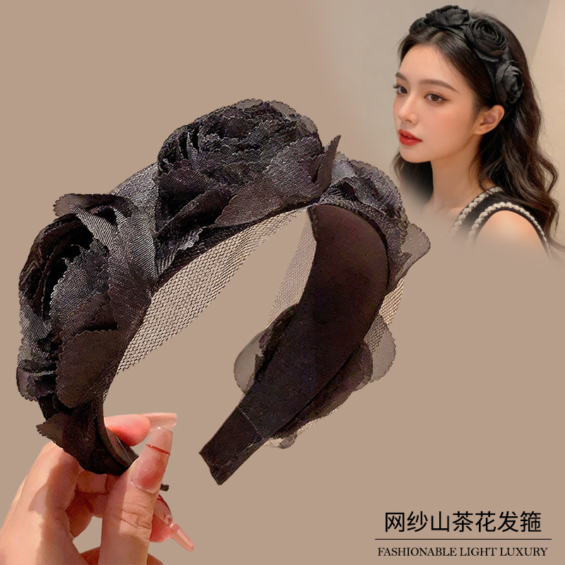 黑色立体玫瑰花网纱褶皱发箍女