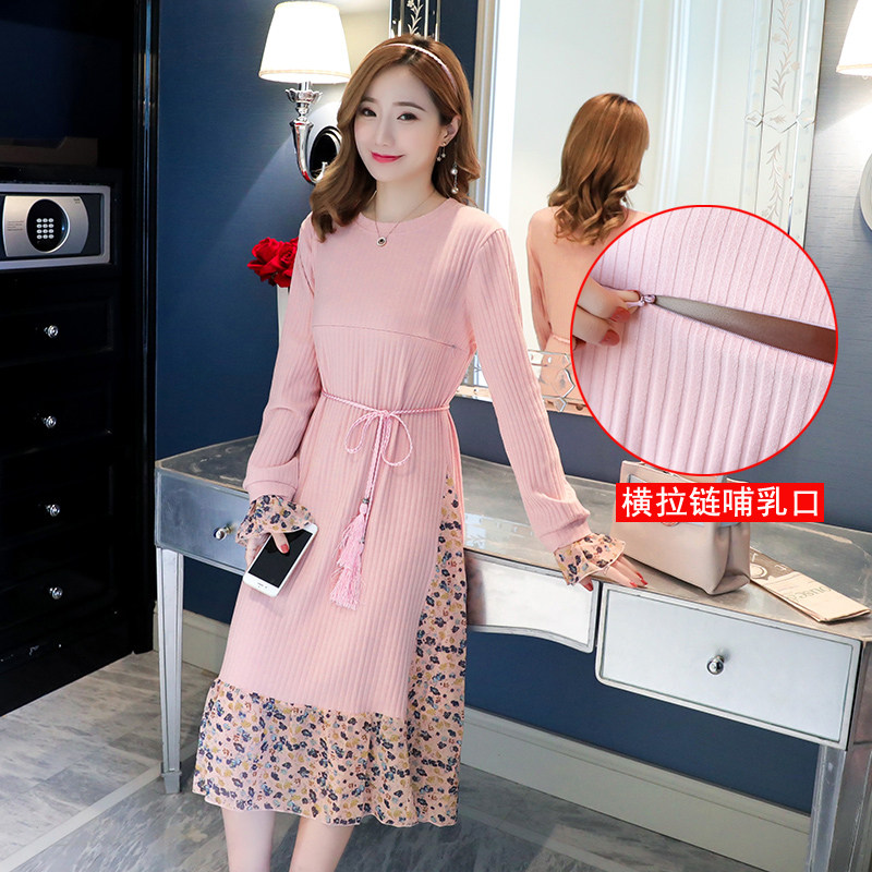 秋季长裙月子服外出连衣裙外穿长袖针织裙辣妈喂奶衣哺乳衣时尚款