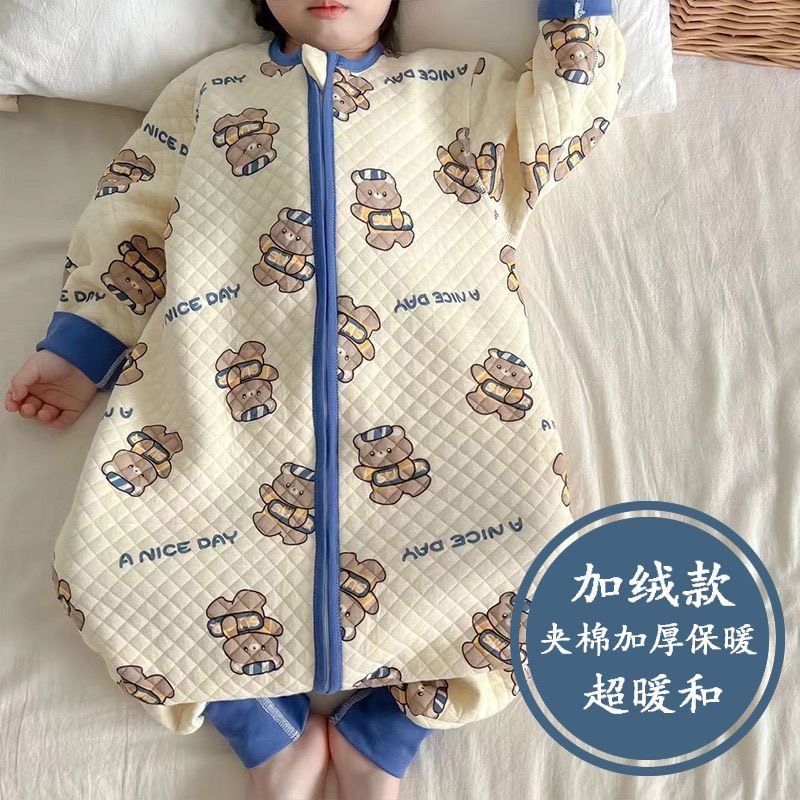 加厚男童拉链印花家居服睡袋女童夹棉秋冬连体衣睡衣儿童防踢被绒