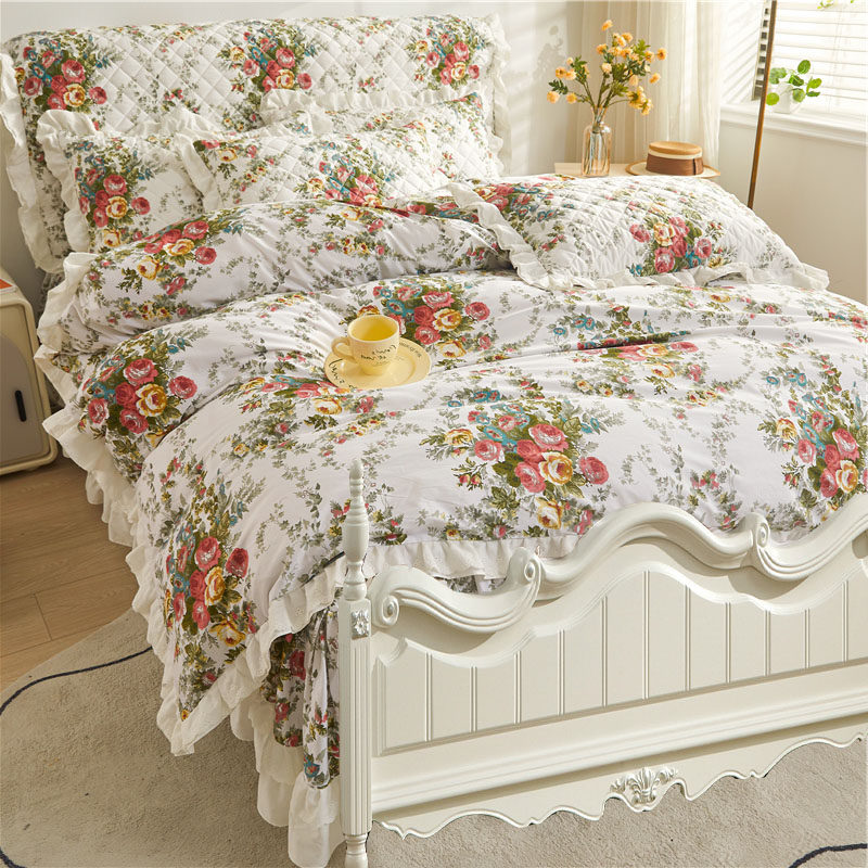 纯棉欧式两侧无床尾床裙四件套无尾床单加棉床盖四季通用全棉田园