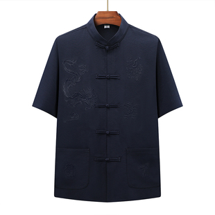 唐装男冰丝短袖套装爸爸装夏装中国风衣服中老年薄款棉麻老人上衣