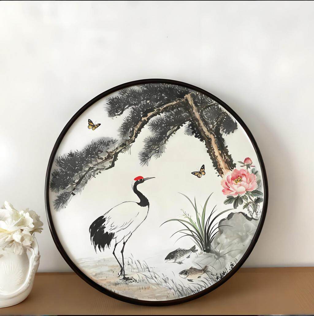 实木圆形新中式画框国画十字绣卡纸装裱木框客厅挂墙圆框油画外框