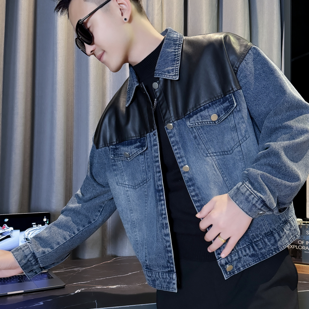 男士高级感pu皮衣拼接牛仔外套