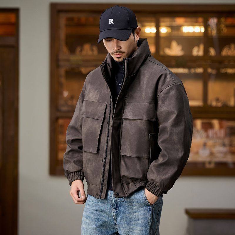 皮衣羽绒棉服外套男立领多口袋2025年冬装休闲宽松服男日系潮牌