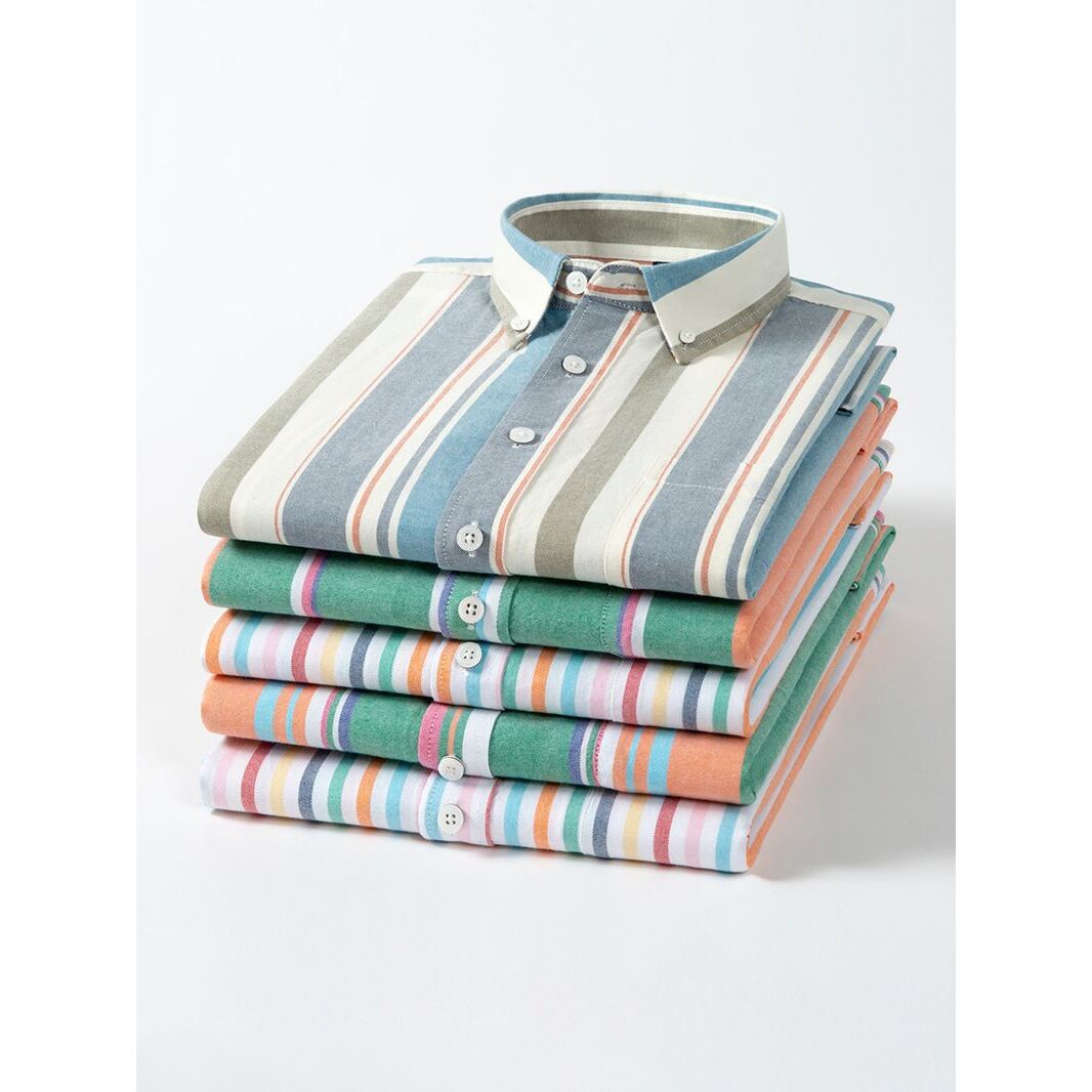 棉水洗彩色条纹长短袖休闲衬衫大码男士商务衬衣