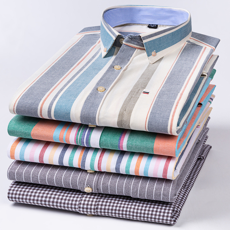 夏季新款男士长袖纯棉牛津纺格子衬衫 休闲棉衬衣有加肥加大码