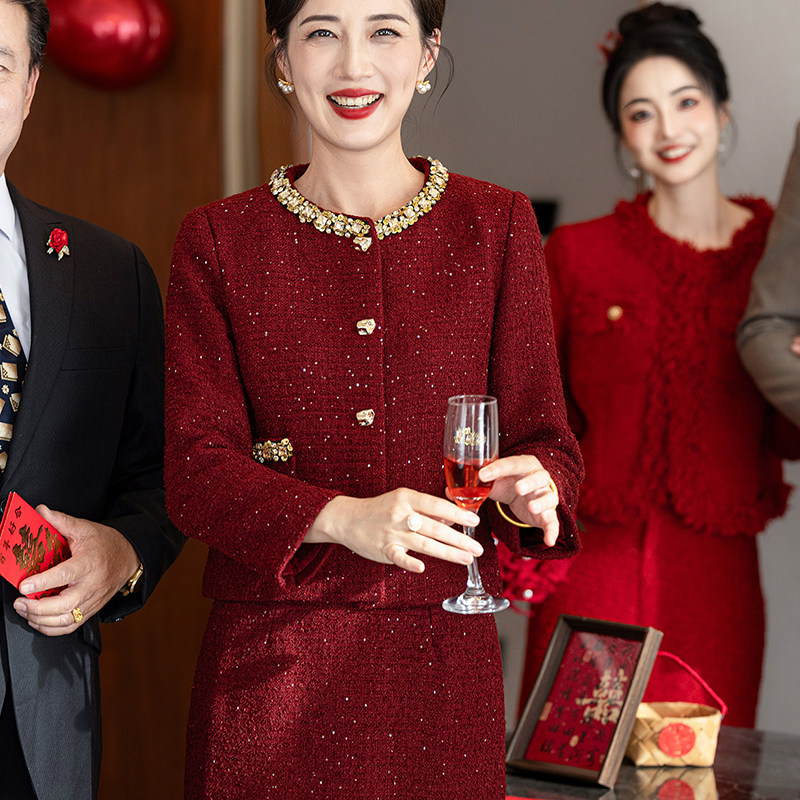 2025秋冬新款小香风外套喜婆婆订婚宴礼服裙结婚敬酒服新娘套装女
