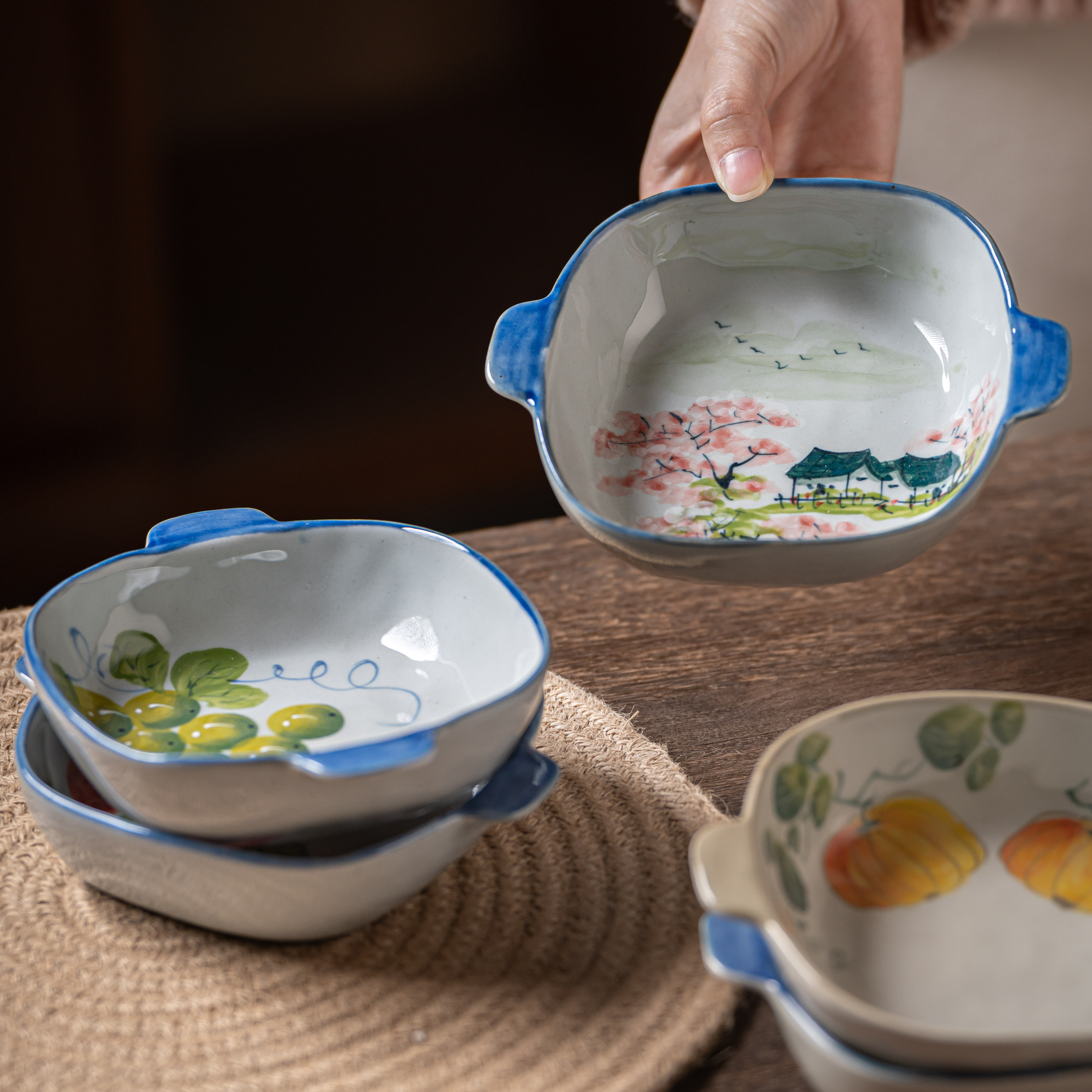 景德镇陶瓷手绘碗老陶泥仿古创意米饭碗沙拉碗釉下彩6寸双耳碟,餐饮具,碗,淘宝优惠券,粉丝福利购,淘宝优惠卷