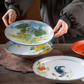景德镇陶瓷菜盘手绘高温釉下彩陶泥家用水果盘菜盘9.2寸浅盘