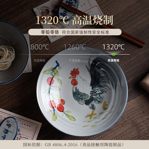 景德镇陶瓷盘菜盘高温釉下彩中式手工手绘的家用深盘8寸螺纹盘