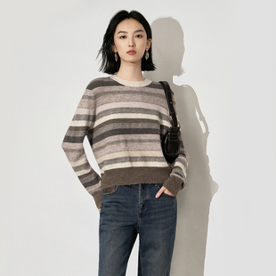 条纹圆领宽松针织衫 新款 女毛衣XK411050B299 雪歌2025年春季