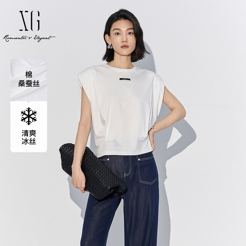 XG/雪歌圆领无袖白色T恤女