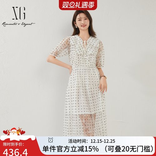 XG/雪歌波点蕾丝钩花复古连衣裙
