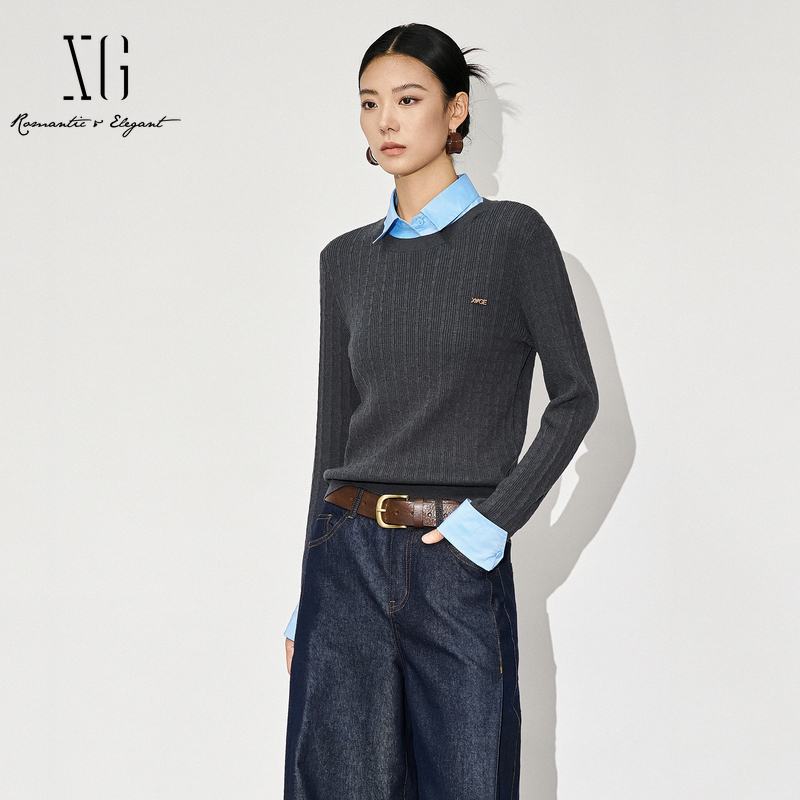 XG/雪歌假两件修身拼接针织衫女